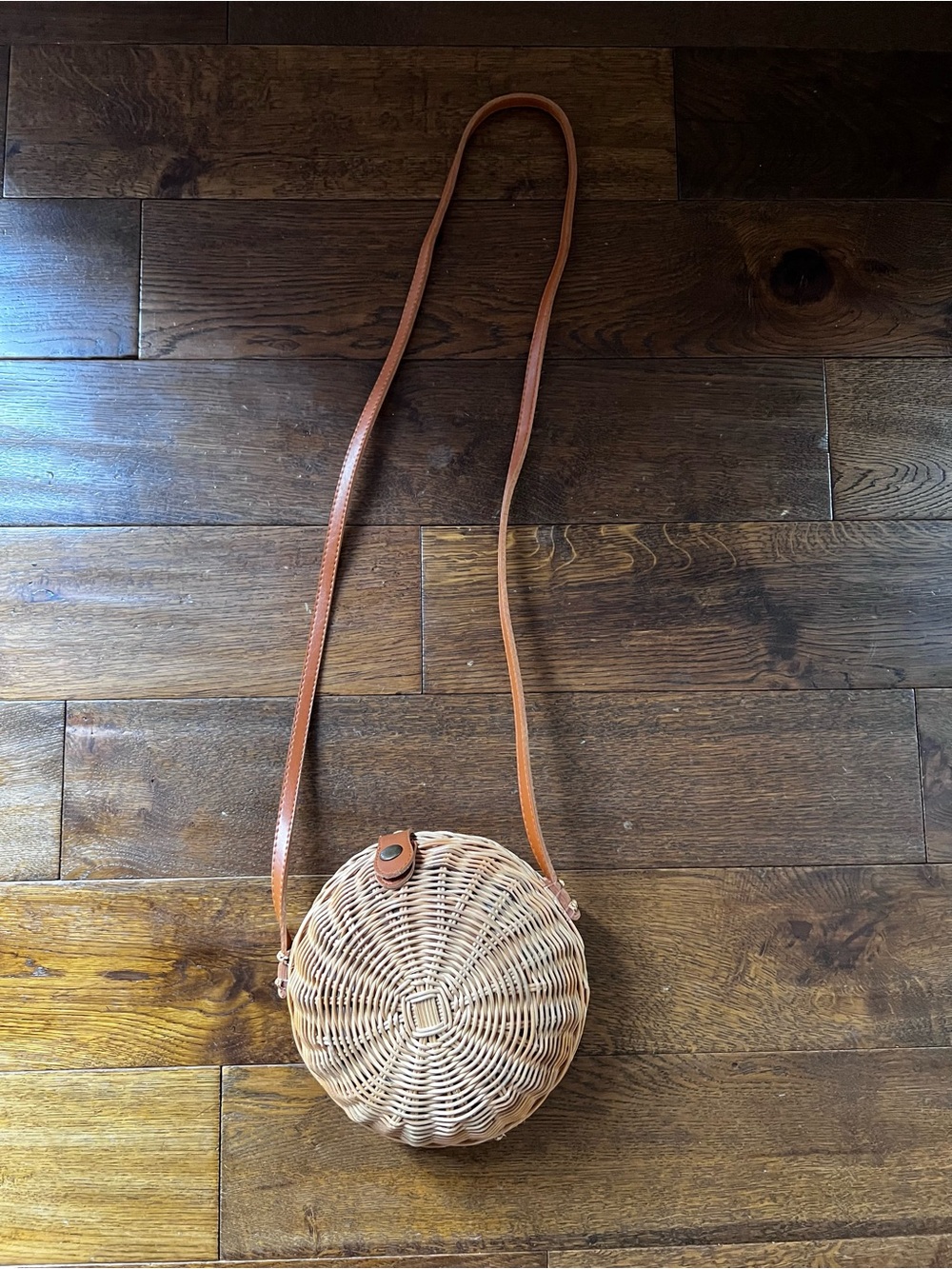 Woven Round Crossbody Bag in Natural with Tan Strap